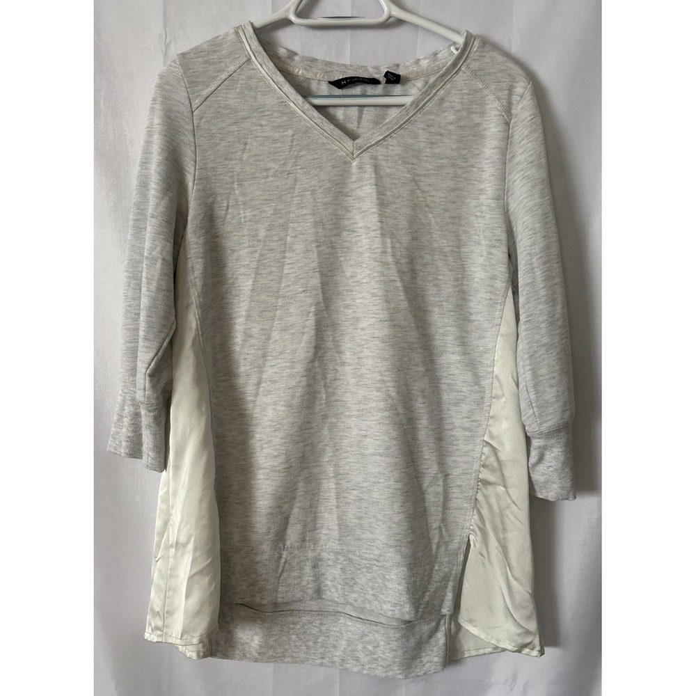 HALSTON Gray Marbled V Neck 3/4 Sleeve Sweatshirt S ‎ High-low Hem Fabric Sides